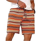 WDIRARA Men's Geometric Print Drawstring Waist Shorts Boho Summer Shorts with Pockets