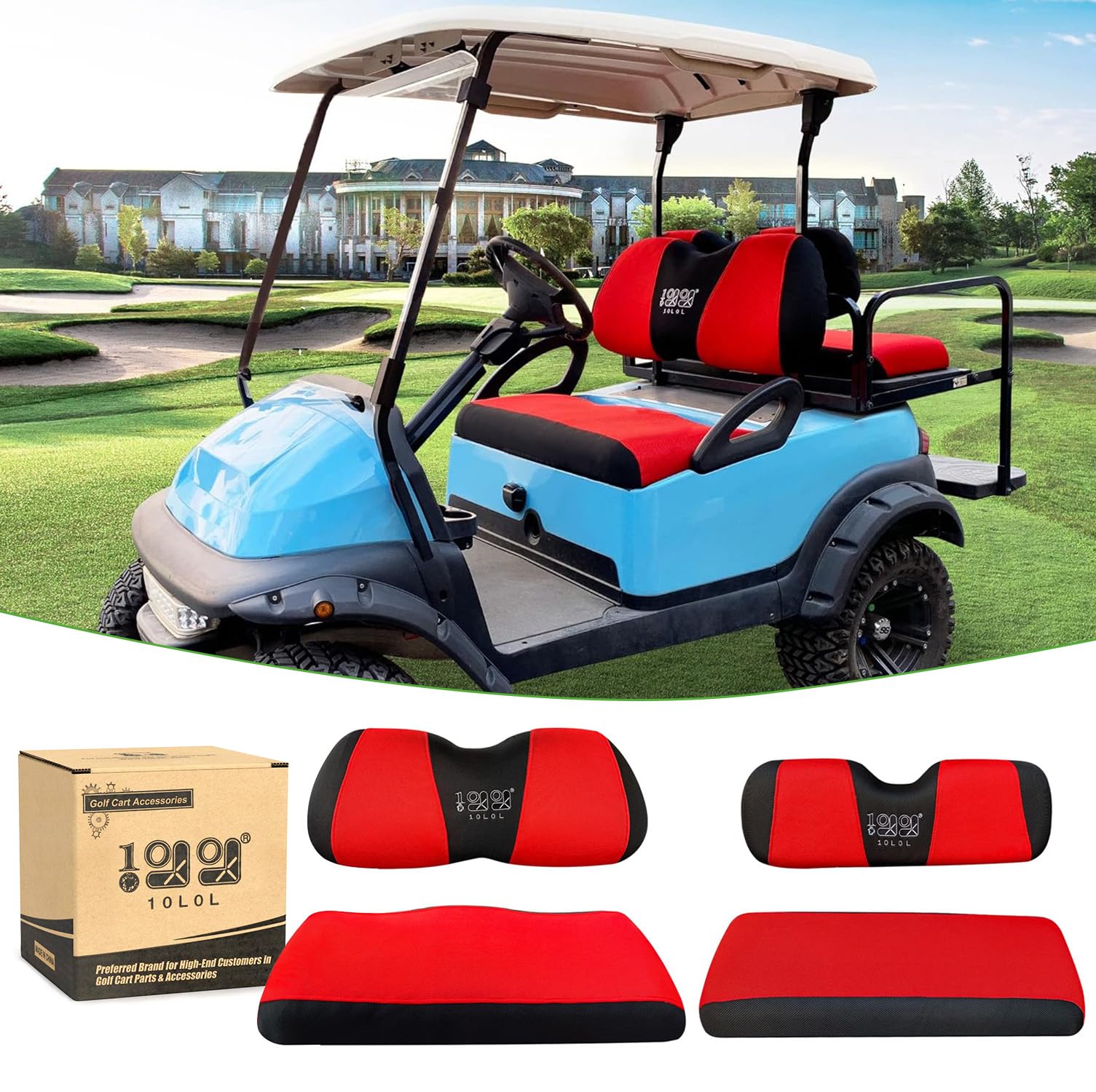 Photo 1 of 10L0L Front Rear Golf Cart Seat Covers for Yamaha G29 Drive, Club Car Precedent and Club Car DS Model, Made of 3D Air Mesh Polyester Fabric Breathable Washable - Red