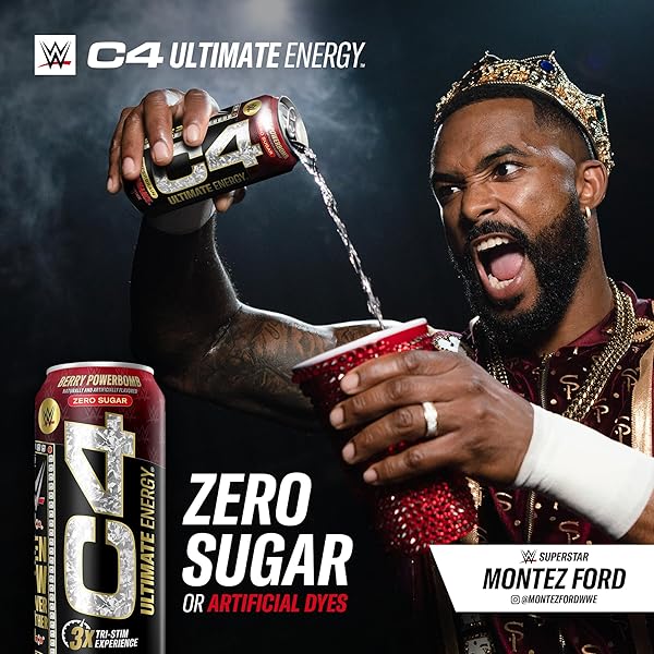 CELLUCOR C4 ULTIMATE X WWE | PRE WORKOUT SUGAR FREE ENERGY DRINK | TRI-STIM EXPERIENCE WITH 300MG CAFFEINE + TEACRINE + DYNAMINE | BERRY POWERBOMB | 16OZ (PACK OF 12)