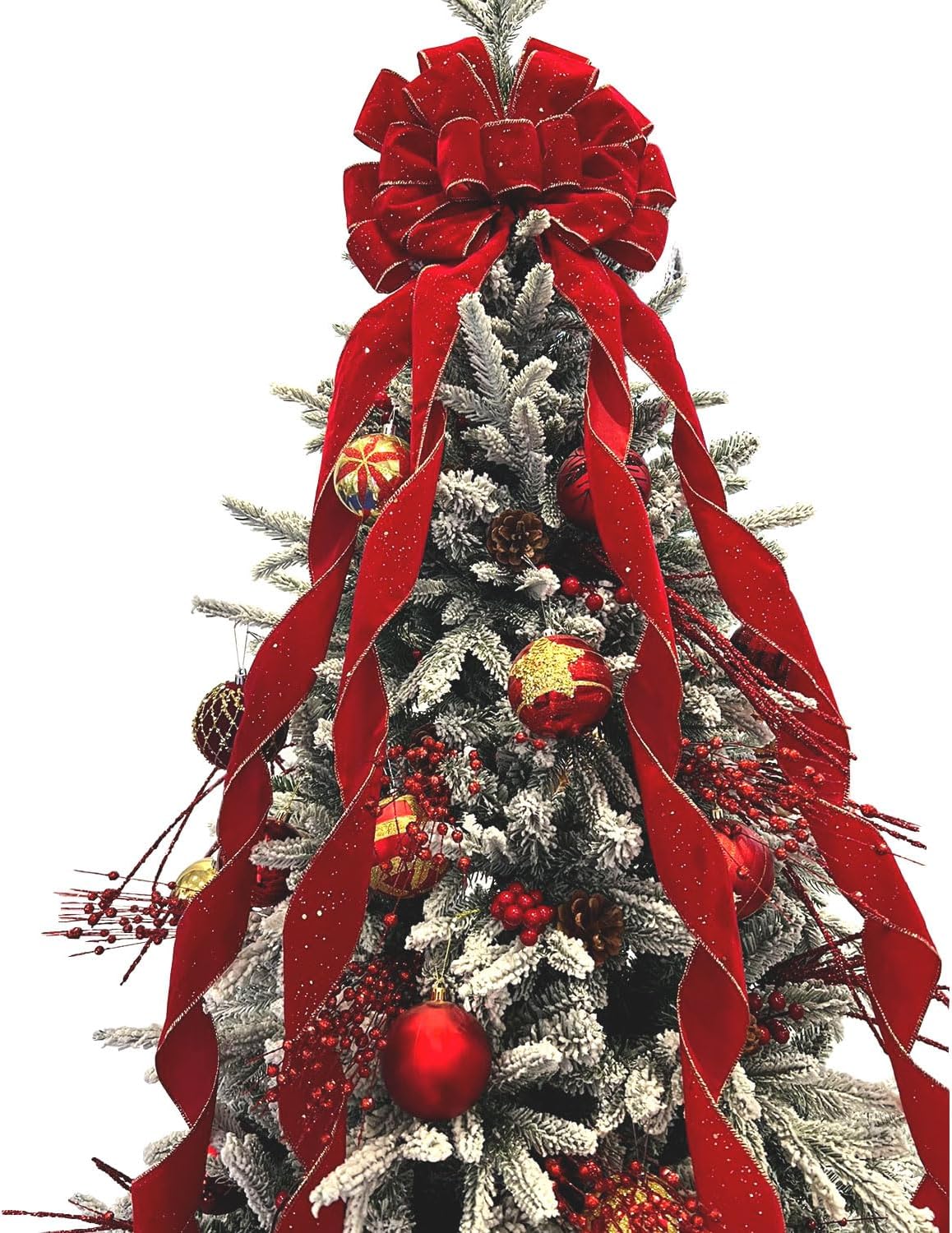 Bows & Ribbons - Seasons Stars SSDecor Christmas Large Bows, 45inches by 12 Inches Gold Wired Red Velvet Bows with Gold Conffeti and Four Long Tails for Wreath Floral, Christmas Tree Topper, Outside Bowknot