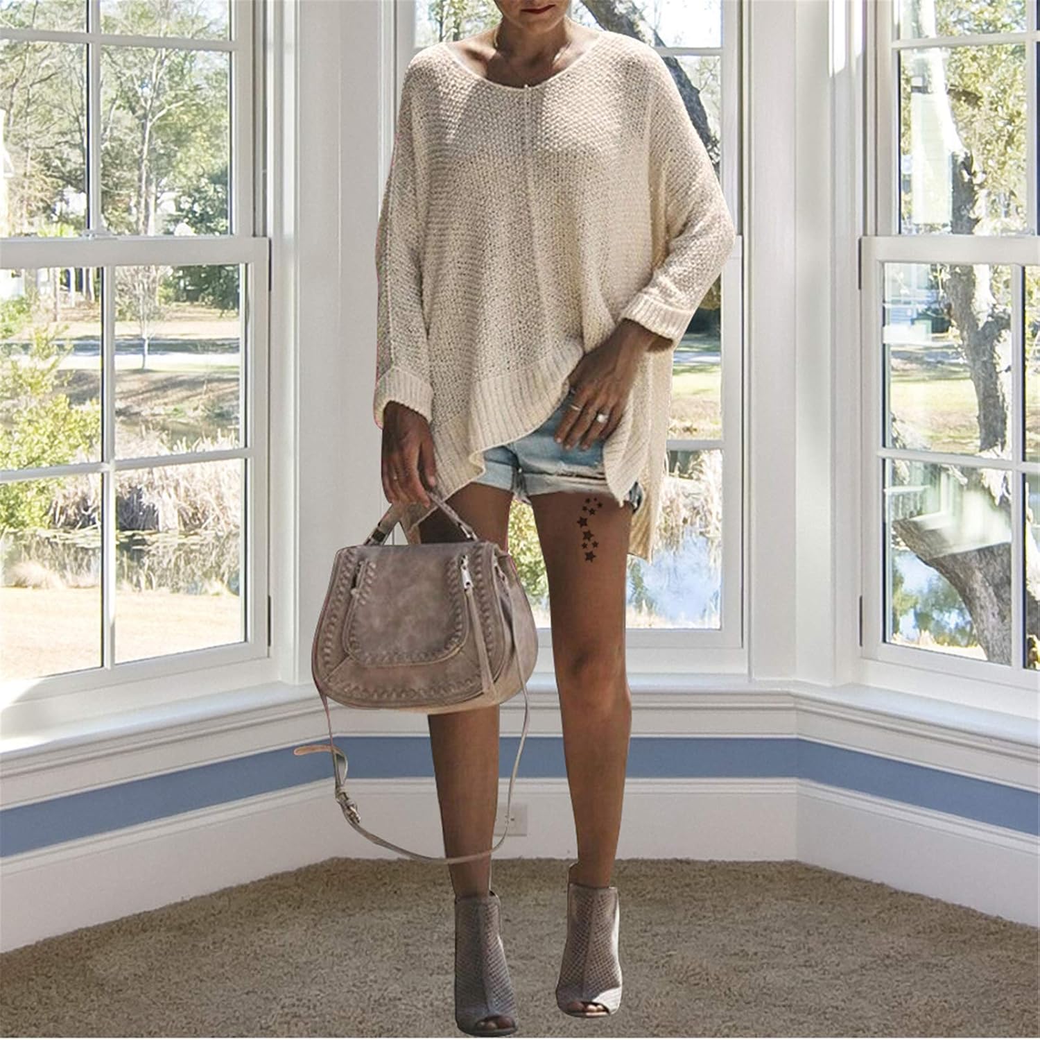 Exlura Women's Casual V Neck Loose Oversized Pullover Sweater High Low Knitted Jumper at  Women’s Clothing store