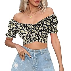 COOUFE Women's Crop Tops Ruffle Short Sleeve Tie