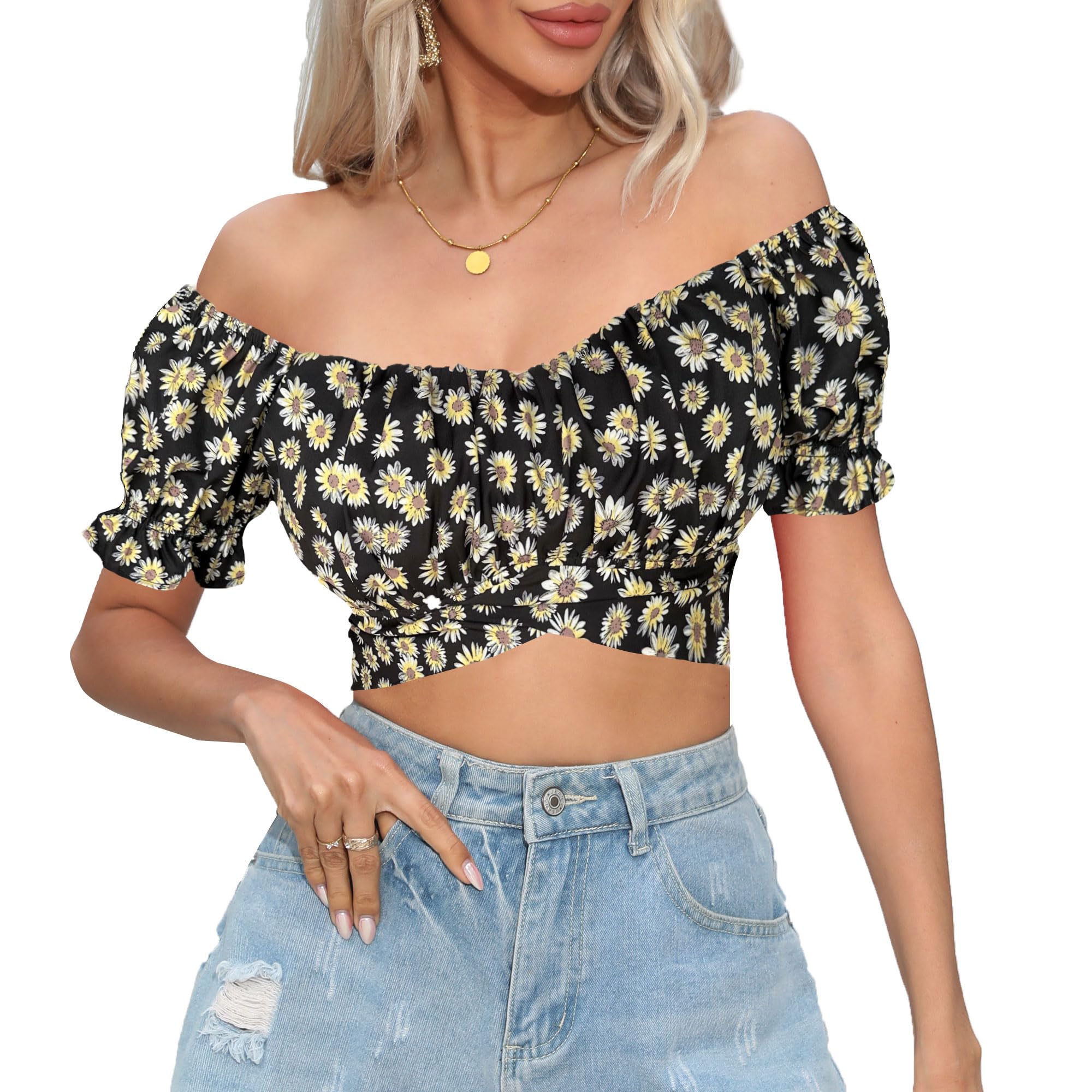 COOUFE Women's Crop Tops Ruffle Short Sleeve Tie