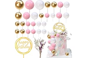KEEPARTY 29 PCS Colorful Ball Cake Topper Mini Balloon Cupcake Topper DIY Foam Ball Artificial Dried Flower Cake Insert Decoration for Wedding Anniversary Baby Shower Birthday Party Supplies (White Pink Gold)