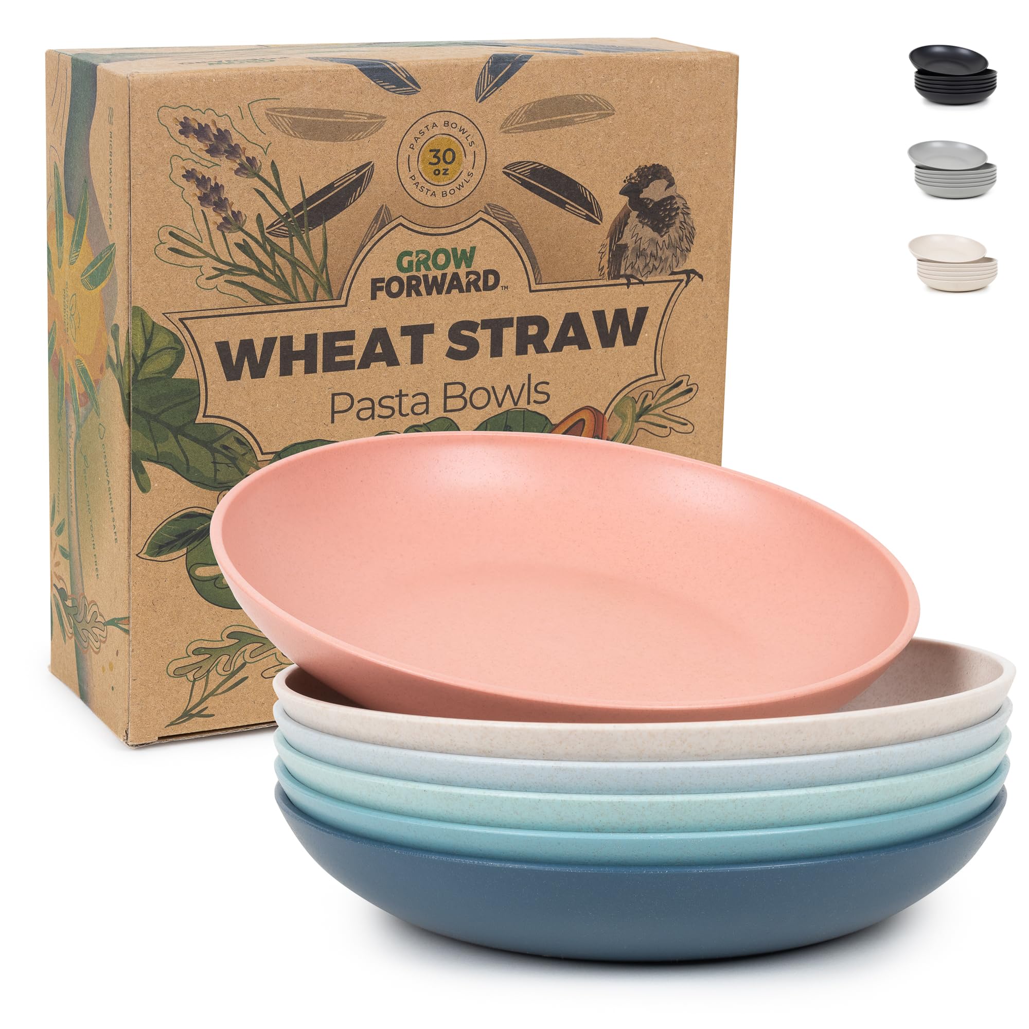 Photo 1 of Grow Forward Premium Wheat Straw Pasta Bowls - 30oz Unbreakable Wide & Shallow Dinner Plate Bowls Set of 6 - Microwave Safe Reusable Plastic Pasta Bowls for Kids, Adults, Salad, Camping, RV - Tropical