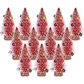 Yookat 12Pcs Mini Christmas Trees Bottle Brush Trees Small Sisal Trees Mini Pine Trees with Wood Base Small Bottle Brush Trees for Christmas Winter Decoration (Red)