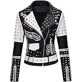 RISISSIDA Women Faux Leather Jacket Studded Rivet Spring Fall Fashion, Hip-Length Moto Biker Trendy Clothes Streetwear Belted