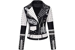 RISISSIDA Women Faux Leather Studded Jacket,Moto Biker Trendy Streetwear Belted