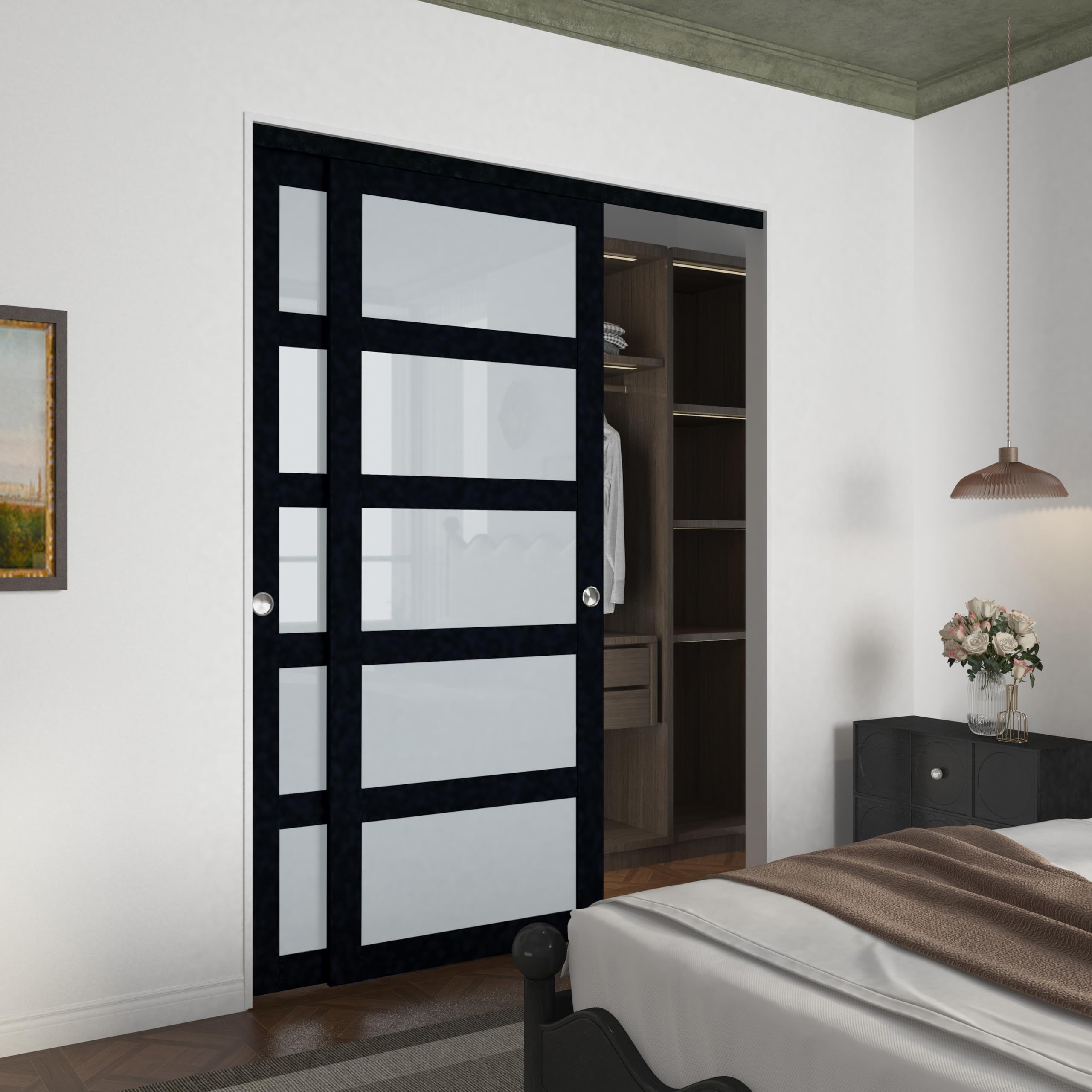 Photo 1 of BARNSMITH 60x80" Sliding Closet Door, 5-Panels Preassembled Frosted Glass Door Panel with Hardware Kits & Matching Fascia, MDF Covered with Water-Proof & Anti-Scratch PVC Surface, Black