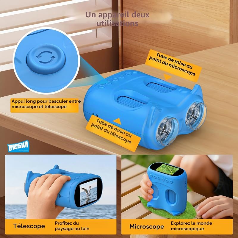 2en1 Microscope Numérique pour Enfants et Jumelles Enfant, IPS 4K 2.0 Pouces Microscope Enfant,8 Lumières LED,Excellent Jouet Scientifique d'activité STEM,Sciences de Plein air pour Les 3 Ans et Plus