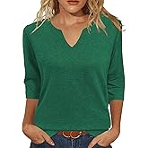 JomeDesign Womens Tops 3/4 Sleeve Shirts V Neck Loose Casual Blouses Solid Color Tshirts