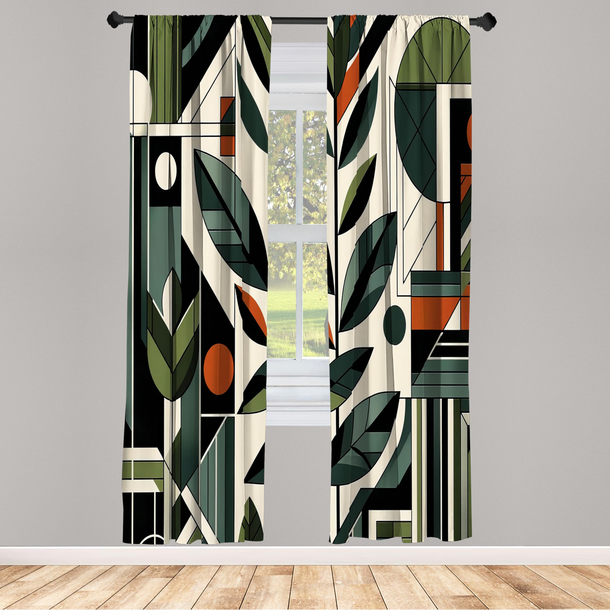 ABAKUHAUS Mid Century Modern Window Curtains, Abstract Design of Futurist Boho Jungle and Geometric Leaves, Lightweight Decorative 2-Panel Set & Rod Pocket, 150x175 cm, Pale Reseda Green Grey