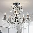 WUZUPS 5-Light Crystal Candle Chandelier Flushmount Ceiling Light Modern Lighting Fixture for Bedroom Hallway Bar Kitchen Bathroom, H 20.9" W 22", E12 Base, Black