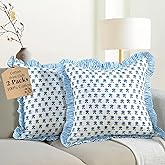 CPC Arctic Blue Hand Block Print 100% Cotton Ruffle Throw Pillow Cover 20x20 inch with Hidden Zipper Decorative for Couch, Bed, Sofa, Farmhouse, Cottagecore Decor Gift Christmas Fall Thanksgiving