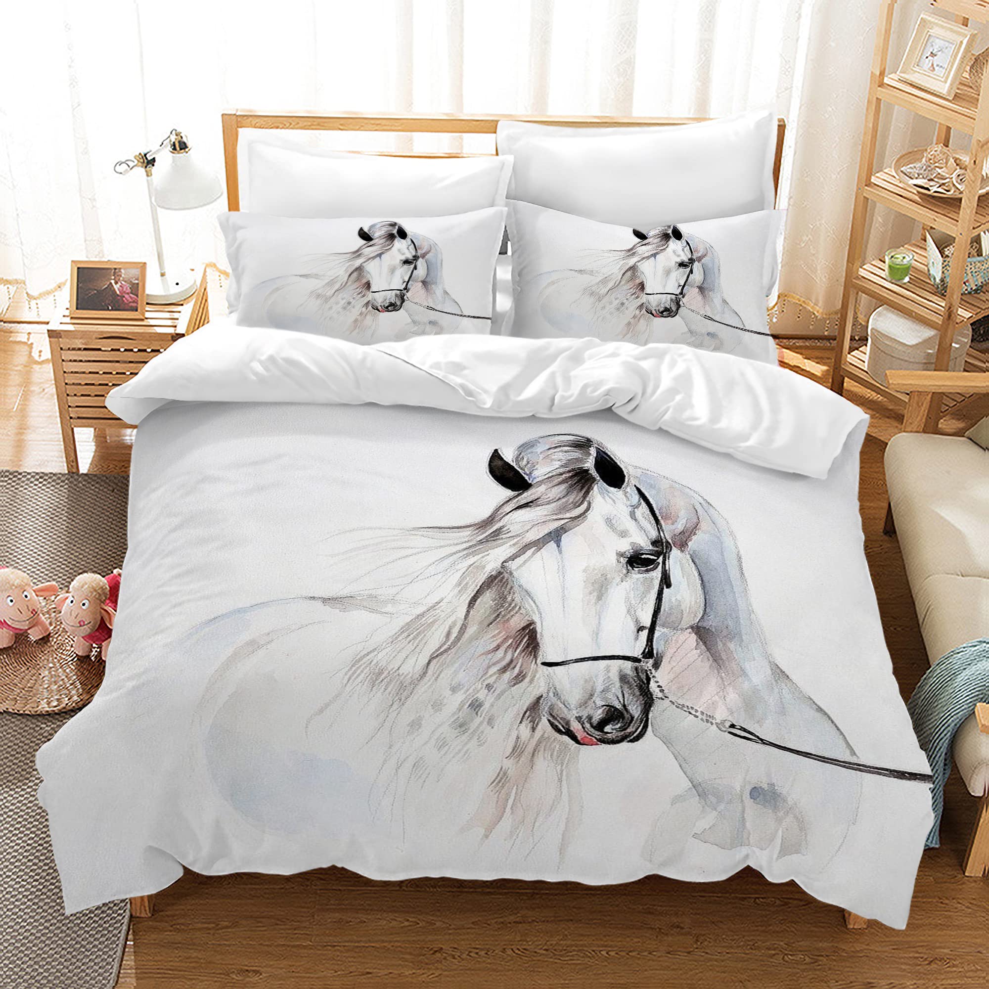 AVJWWD Bedding Duvet Cover Set 3D Print Horse Quilt Cover Bedding Sets 220×240cm, Animal Horse Print Microfibre Duvet Cover Set with 2 Pillowcases 50 ×75cm,for Boys Girls (H 03, 220x240cm)