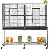 64" Extra Large Double Flight Bird Parrot Sturdy Wrought Iron Cage | Double Cage, Slide Out Center Divider, Side Nesting Box Door, Removable Rolling Stand Storage Shelf