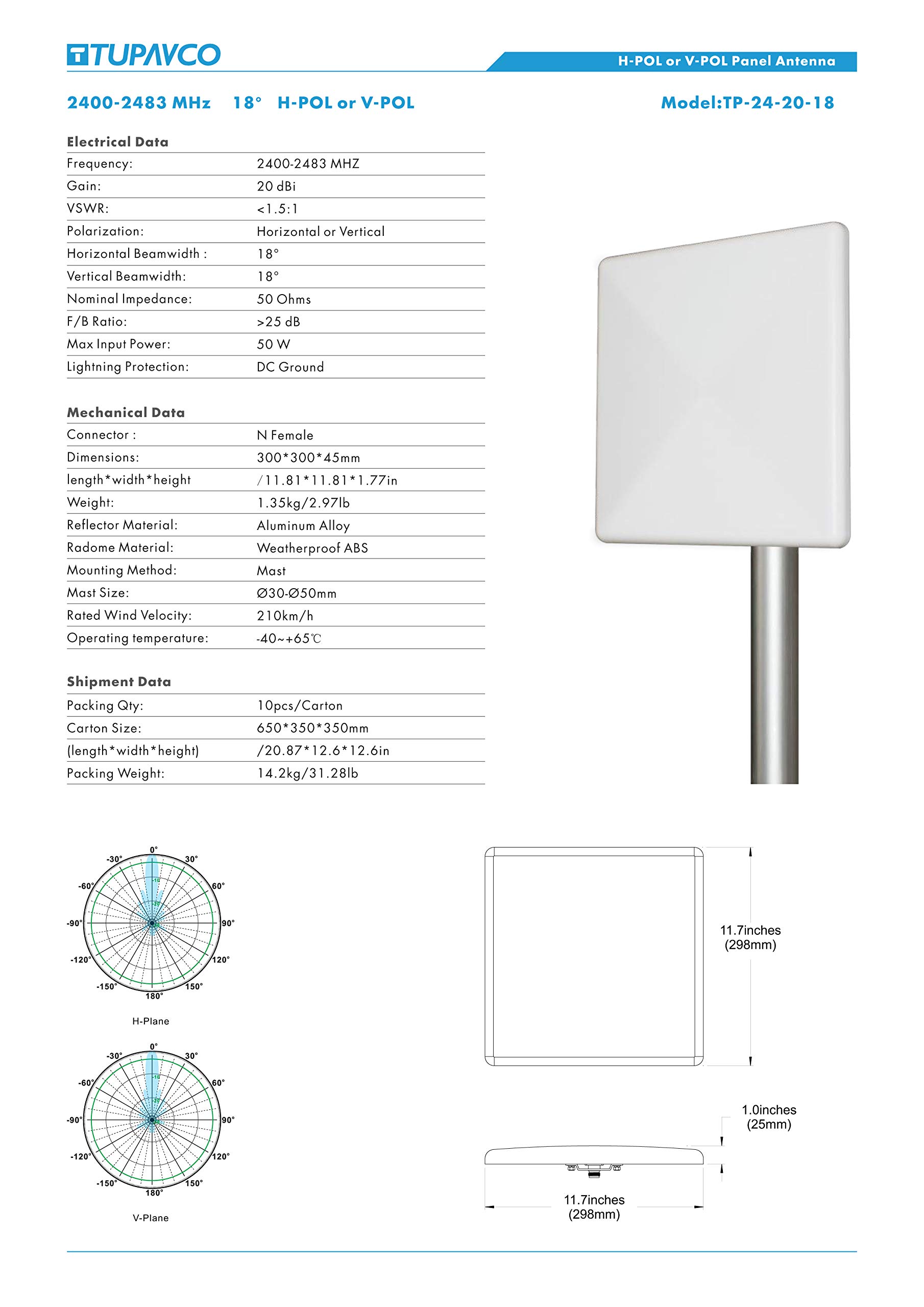 Tupavco TP511 WiFi Panel Antenna 2.4GHz (20dBi) Outdoor Directional (2400-2483 MHz) Wireless Network Signal (Pole Mast Mount) Weatherproof High-Gain Long Distance Range (N-Female Connector)