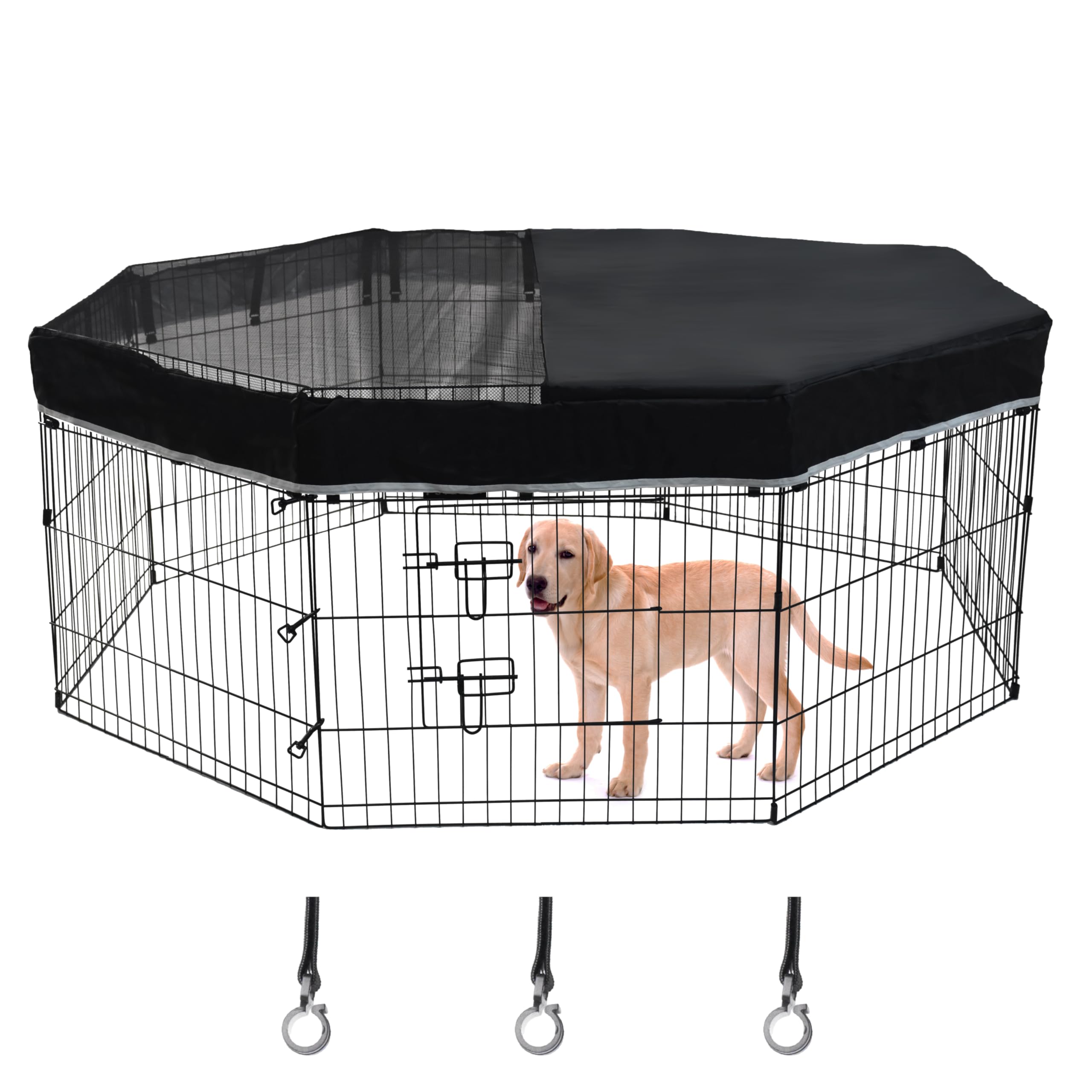 Zuisfau Dog Playpen Mesh Top Cover, Fits 24 Inch 8 Panels Regular Octagon Metal Exercise Pet Playpen, Black, Hooks Connections. (Note: Cover Only, Playpen Not Included !!)