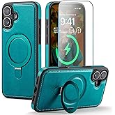 CHEEWADA for iPhone 16 Plus Case with Stand Compatible with Magsafe Slim PU Leather & Rubber TPU Drop Proof Magnetic Kickstand Protective Phone Cover with Tempered Glass Screen Protector 6.7", Green