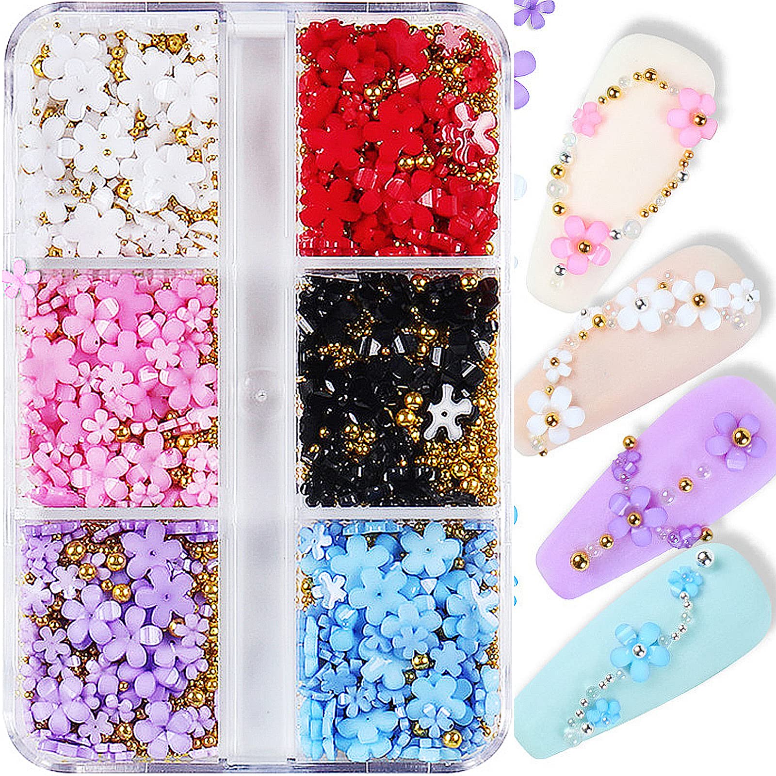 Photo 1 of 3D Colorful Flower Nail Charms White Pink Color Blue Purple Black Flowers Acrylic Nail Charms with Metal Golden Round Beads for Nail Art DIY Accessories