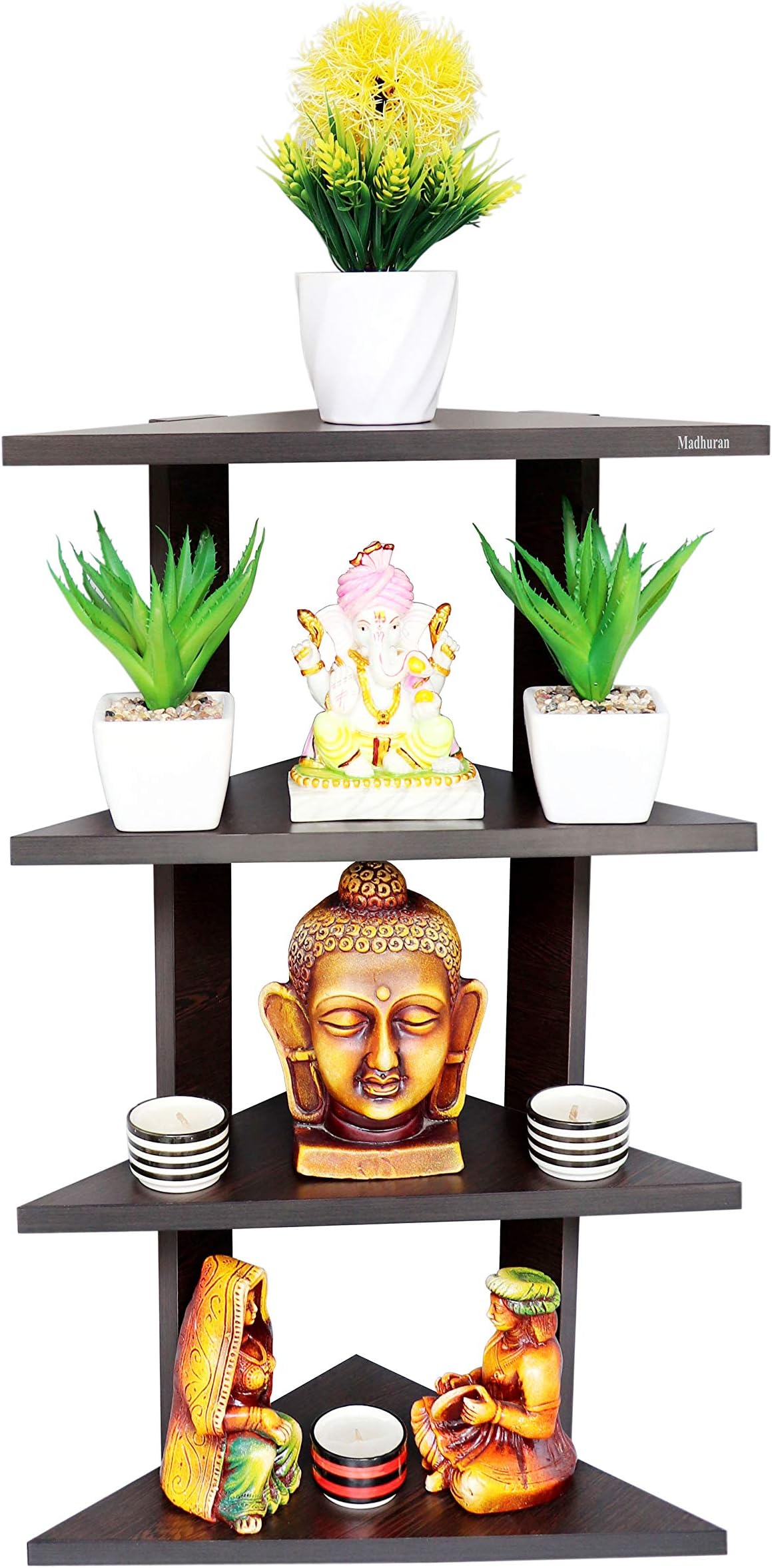 Madhuran Wooden Wall Mounted Corner Books Shelf Racks Tier 4 (Matte, Wenge) / Home Decor Living Room Bathroom Bedroom Kitchen Large Size Multipurpose Organisers Stands Things