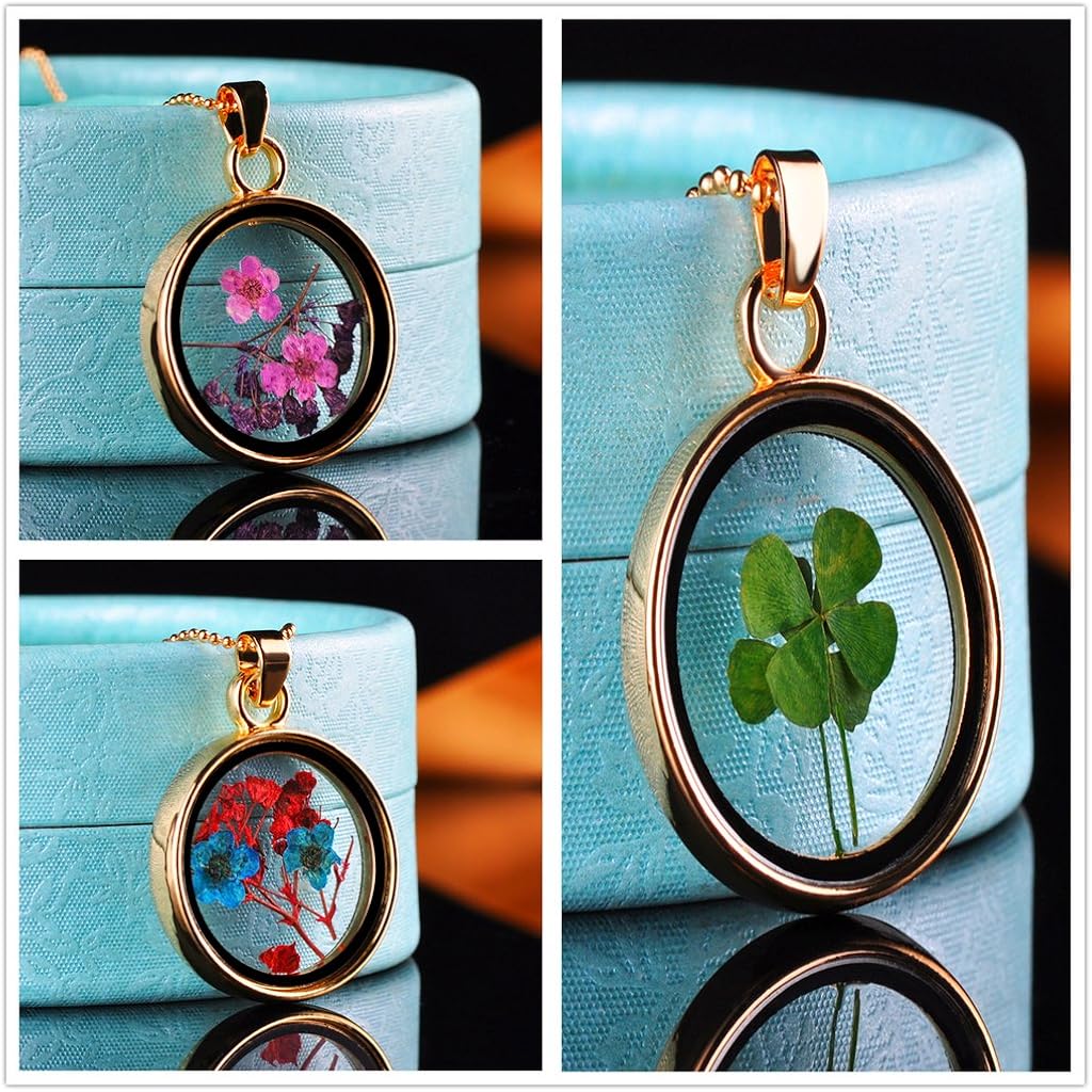 Yumilok 3pcs Real Dry Forget me not/Four Leaf Clover Specimen Transparent Glass Alloy Round Bottle Pendant Necklace for Women/Girls - Image 3