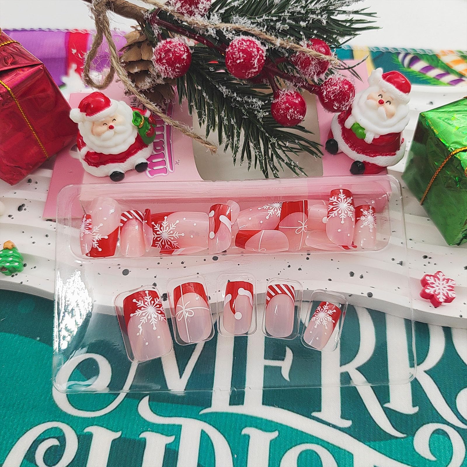 Christmas Press on Nails Medium Square Fake Nails Red French Tip Nails Press ons Glossy Glue on Nails Nude False Nails with Snowflake Christmas Hat Designs Artificial Stick on Nails for Women 24Pcs - Image 4