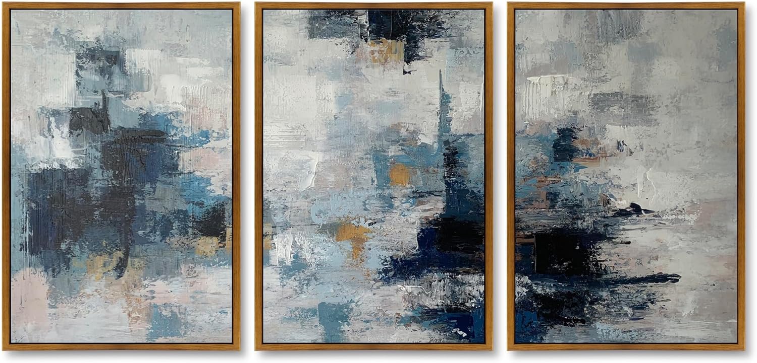 Paintings - Black White Blue Gray Abstract Wall Art Modern Home Office Canvas Painting Decor Framed Ready to Hang