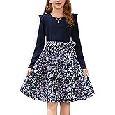 GRACE KARIN Girls Fall Long Sleeve Dresses Girl Floral Midi Dress Kids Casual Holiday Dresses with Belt Size 6-13