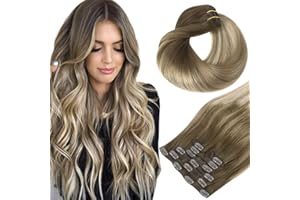 HOTBANANA Human Hair Clip in Hair Extensions, Ombre Walnut Brown to Ash Brown and Bleach Blonde 120g Clip in Hair Extensions Real Human Hair Straight Remy Hair Clip Ins 18 Inch 7pcs
