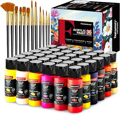 Fantastory 36 Color Acrylic Paint Set with 12 Brushes 2oz/60ml Certified