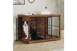 Hzuaneri XL Large Dog Crate Furniture, 44.1" Indoor Dog Kennel Furniture with Barn Door, Wooden Tall Dog Crate, Heavy Duty Dog Cage for Large Dogs, Side End Table, Anti-Chew, Rustic Brown DFC80101B