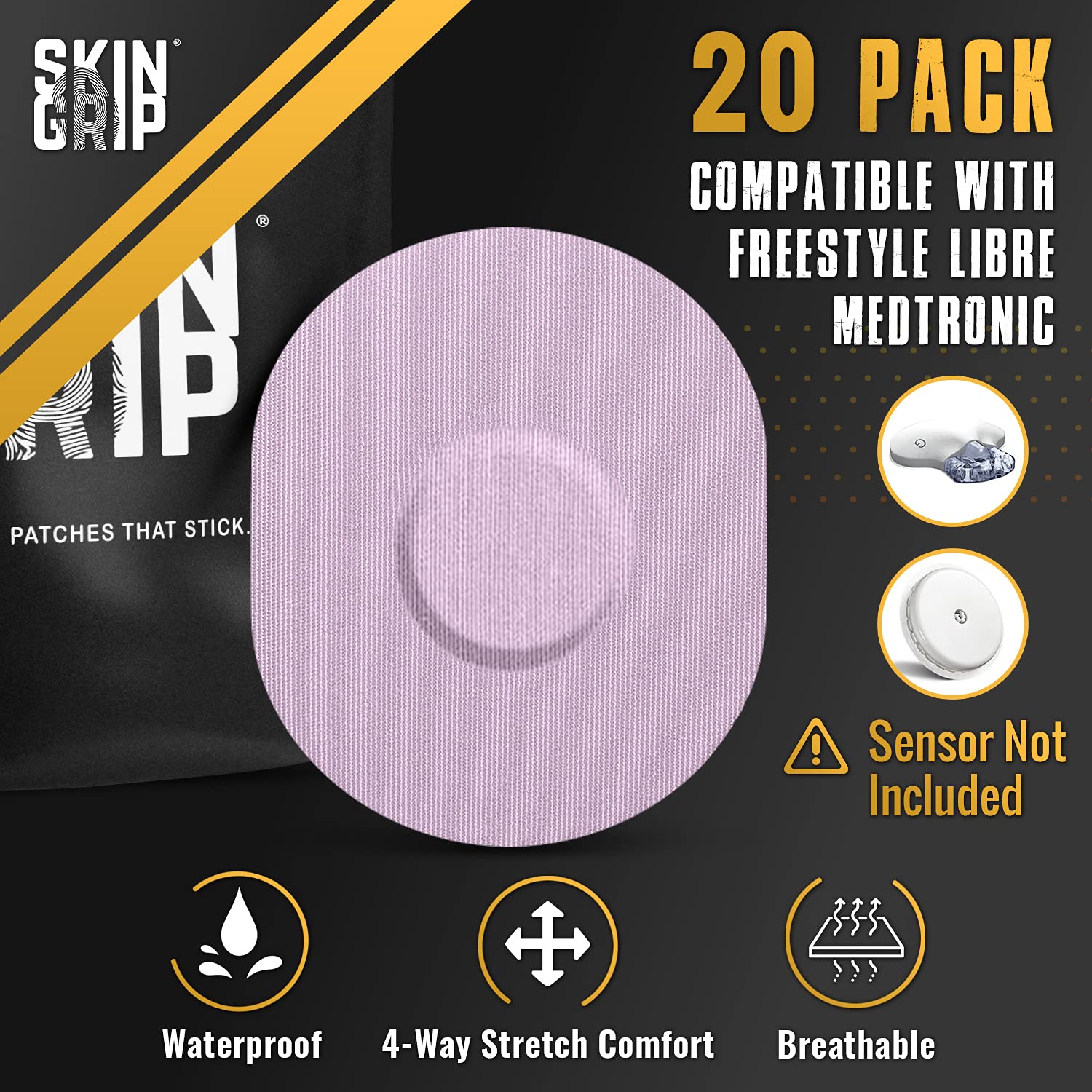 Skin Grip CGM Sensor Patches Compatible with Medtronic Guardian (20-Pack), Waterproof & Sweatproof for 10-14 Days, Pre-Cut Adhesive Tape, Continuous Glucose Monitor Patch, Pastel Pack