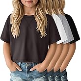 LessonZoo 4 Pack Girls Oversized Crop Tops Short Sleeve 5-14 Years Drop Shoulder Crew Neck T-Shirts Kids Casual Athletic Tee