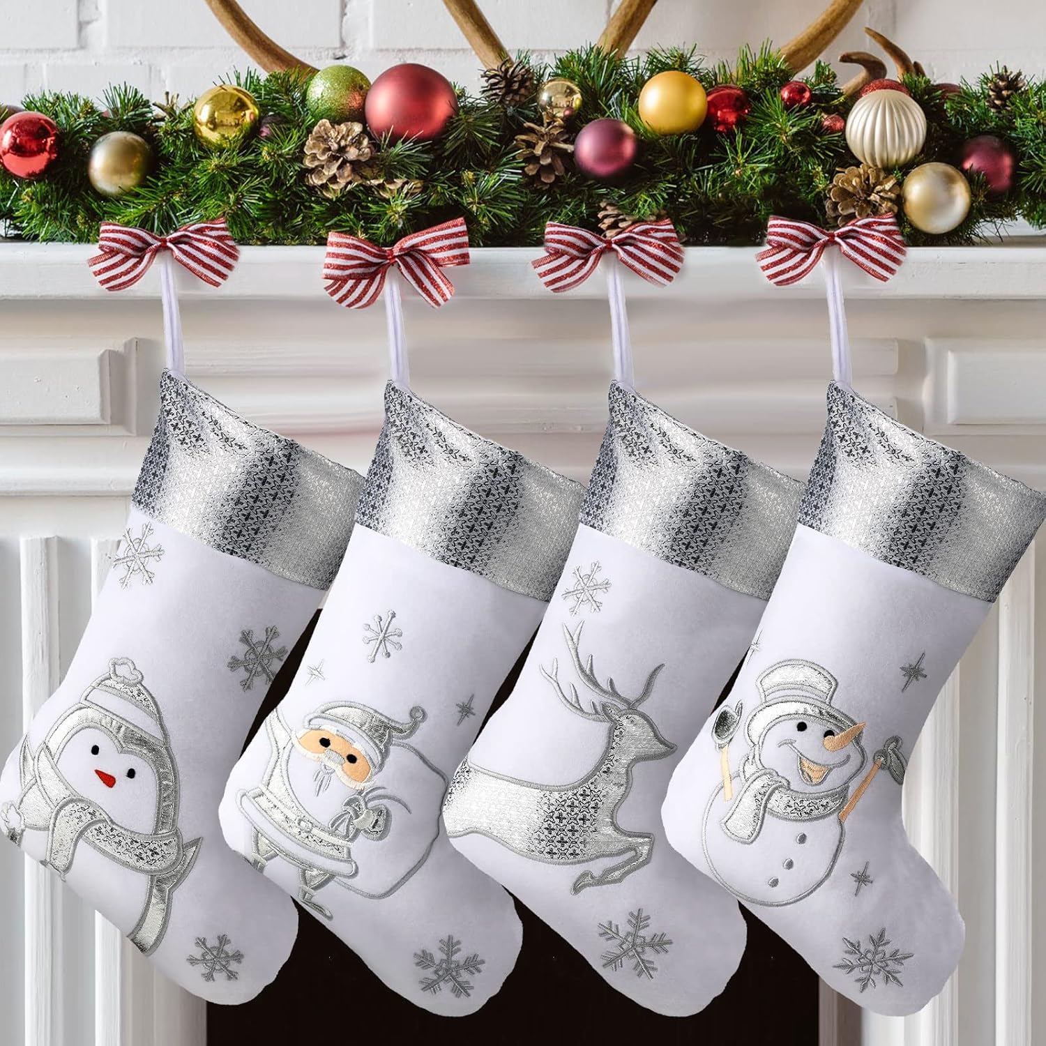 Stockings & Holders - 4 Pcs White Christmas Stockings Large Xmas Santa Stockings with Silver Reindeer Snowflake Snowman Penguin Fireplace Tree Decorations Hanging Ornament for Xmas Decor Family Kids, 17 Inches(Classic)
