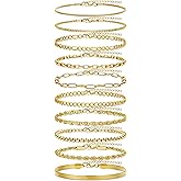 10PCS Gold Bracelets for Women Men Trendy Adjustable Waterproof Stackable 14K Gold Plated Bracelet Stack Thin Minimalist Dainty Cuban Link Figaro Rope Paperclip Chain Bracelets Fashion Jewelry Gifts