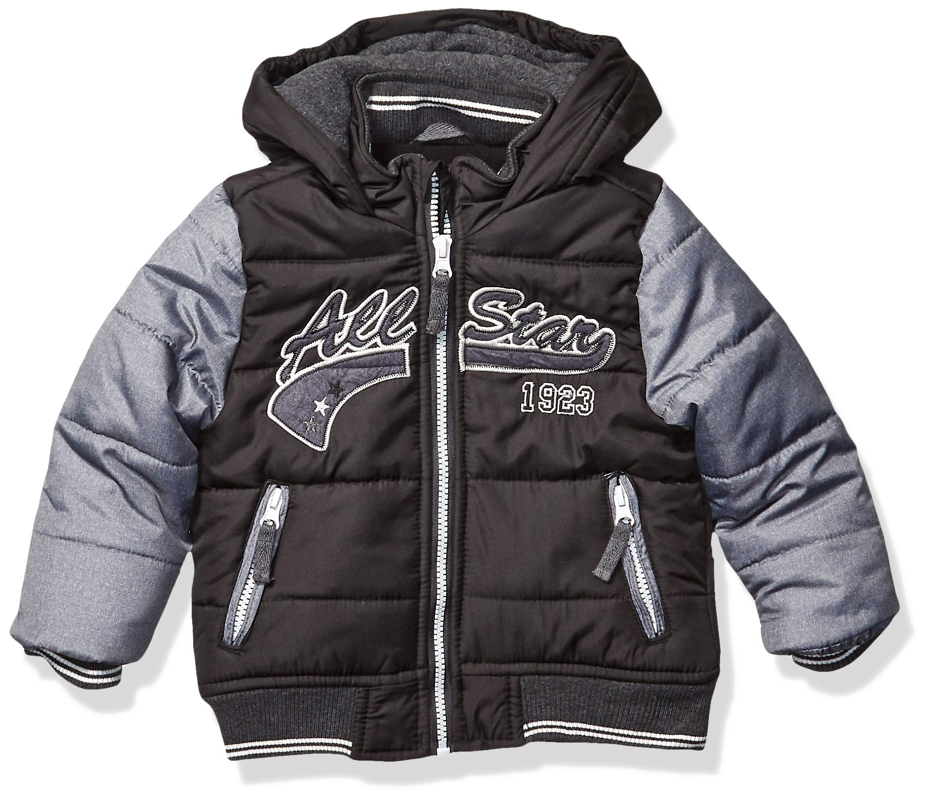 LONDON FOG Boys' Toddler Quilted Bomber Jacket with Hood, Black Allstar, 4T