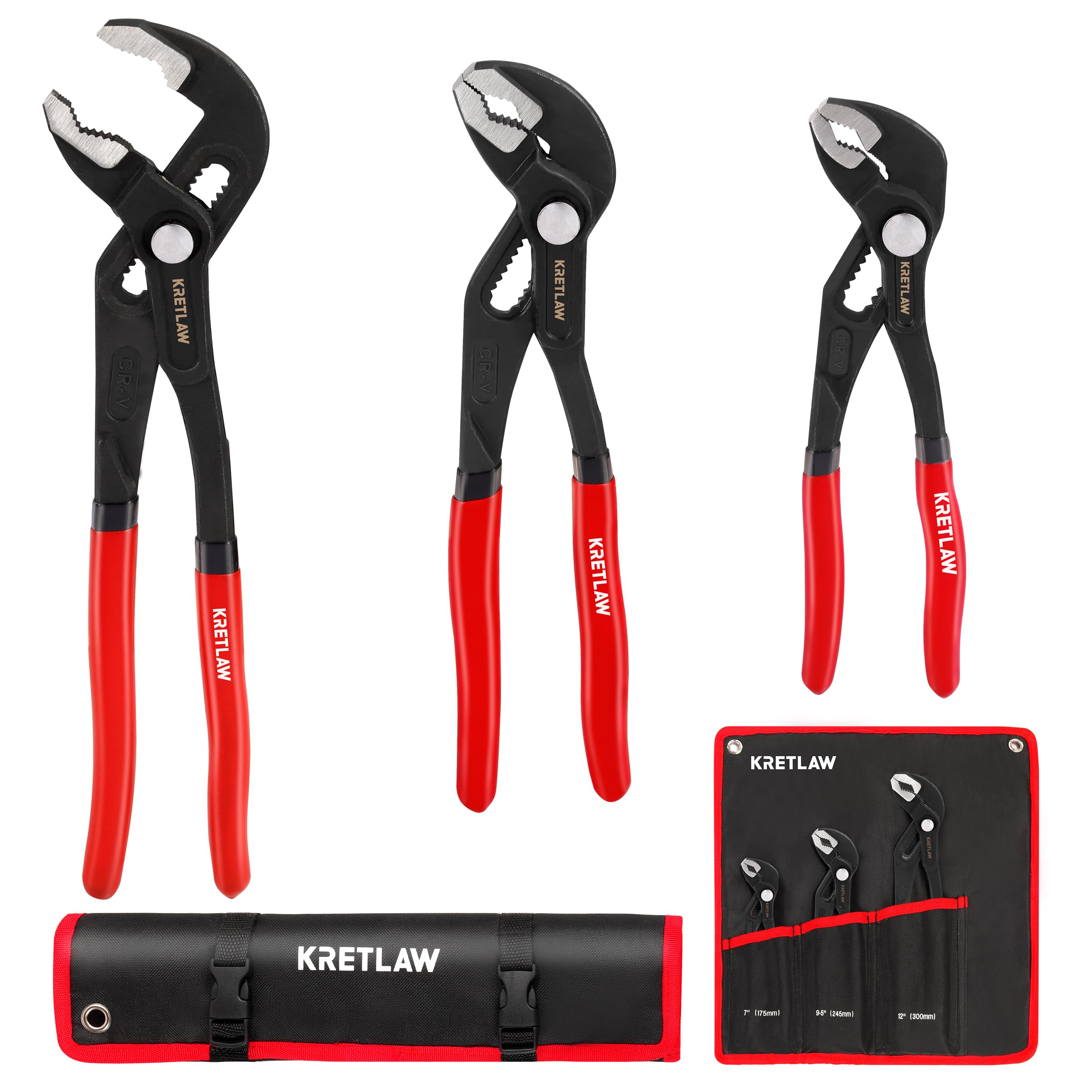KRETLAW 3-Piece Groove Joint Pliers Set (300mm & 250mm & 180mm), Quick-Adjustable Water Pump Pliers，Cr-V V-Jaw Tongue and Groove Pliers for Home Repair & Plumbing
