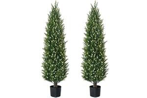 ECOLVANT 4FT Artificial Cedar Topiary Trees Set of 2 Faux Pine Trees White Berries Fake Shrubs UV Resistant Potted Plant Artificial Plants for Front Porch Garden Indoor Outdoor