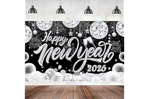 TINEIT New Years Eve Party Supplies 2026 Silver Backdrop, 71" X 43" Happy New Year Banner Silver, Disco New Years Decorations for Black and Silver New Year s Eve Decorations NYE 2026