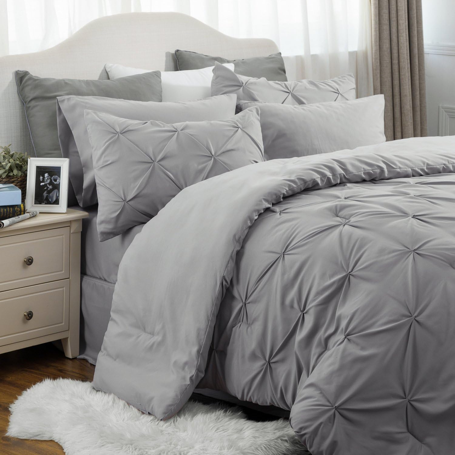 Bedsure Comforter Set Queen/Full Bed in A Bag Grey 8 Pieces - 1 Pinch Pleat Comforter(88X88 inches), 2 Pillow Shams, 1 Flat Sheet, 1 Fitted Sheet, 1 Bed Skirt, 2 Pillowcases: Home & Kitchen