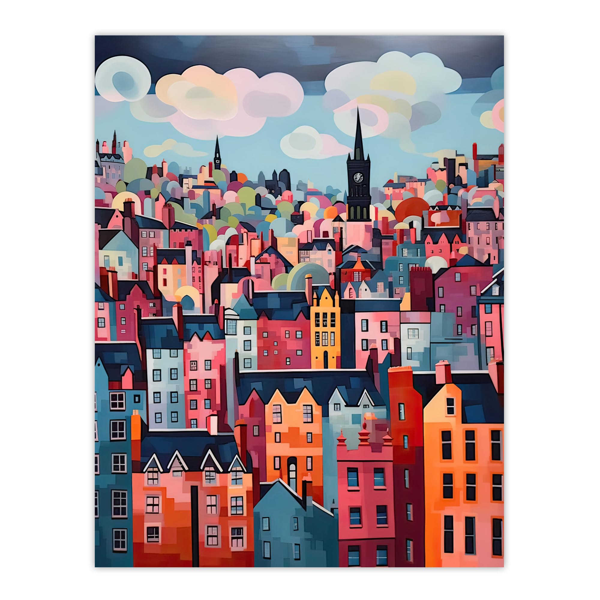 Artery8 Edinburgh Cityscape Stylised Oil Painting Pink Blue Cloudy Scottish City Skyline Large Wall Art Poster Print Thick Paper 18X24 Inch