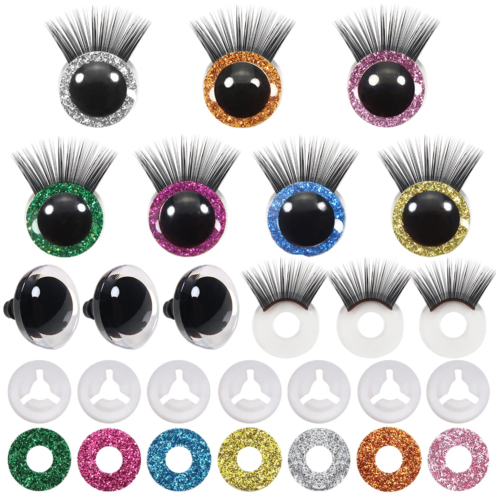 TOAOB 28pcs 30mm Safety Eyes Plastic Glitter Safety Eyes with Black Eyelashes and Washers for Amigurumis Craft Crochet Eyes for DIY Puppet Bear Stuffed Animal Doll Making