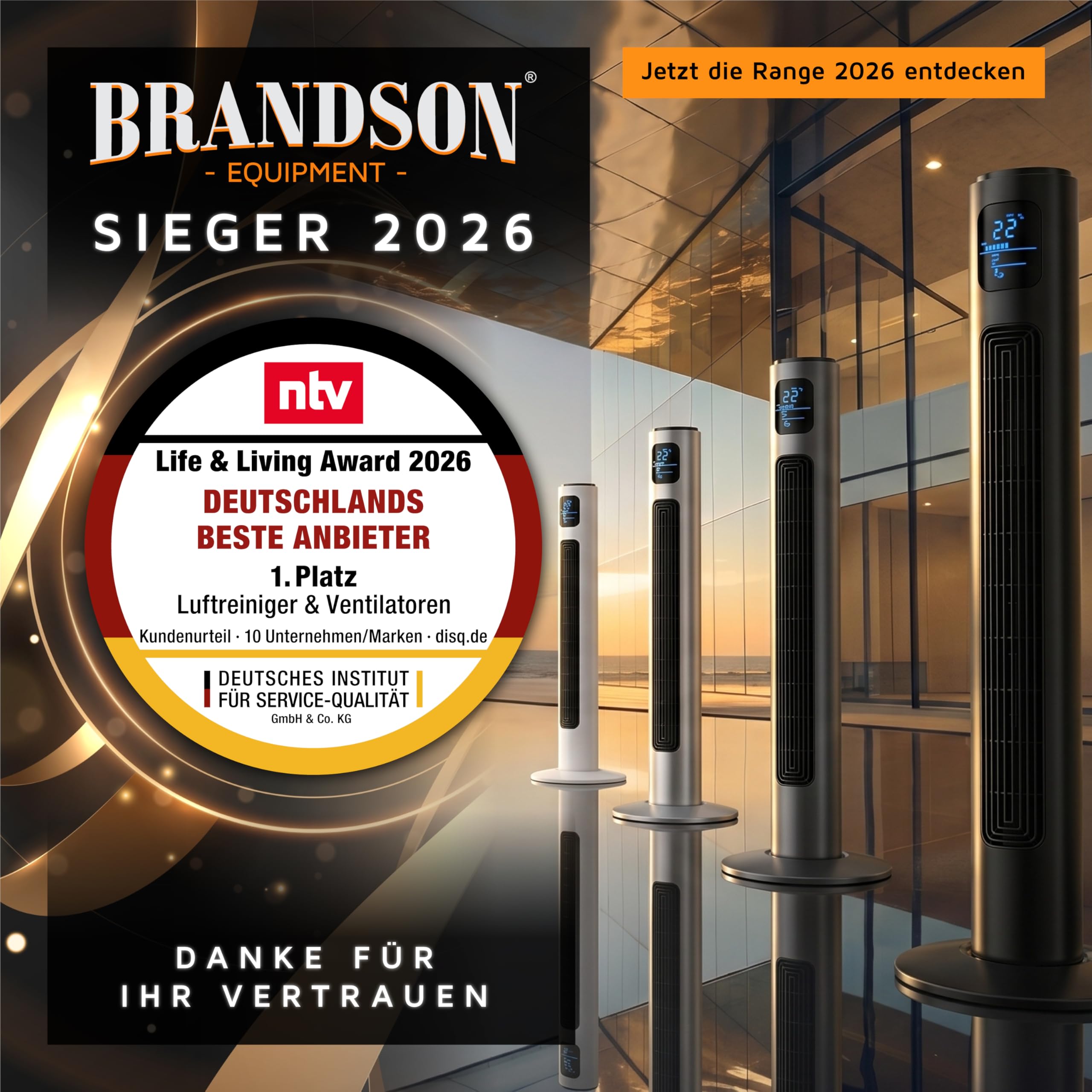Brandson - Turmventilator mit Fernbedienung 96 cm - Preisträger 2026 - mobiler Lüfter leise - Standventilator mit Oszilation - 3 Geschwindigkeiten 3 Lüftungs-Modi Timer - Ventilator mit GS - Cool Grey 7