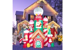 Hioasis 10 FT Christmas Inflatable Decorations,Gaint Candy Castle Inflatable with Santa,Reindeer,Penguin,Gingerbread - Blow Up Yard Outdoor Decorations with LED Lights Built-in,Perfect for Christmas
