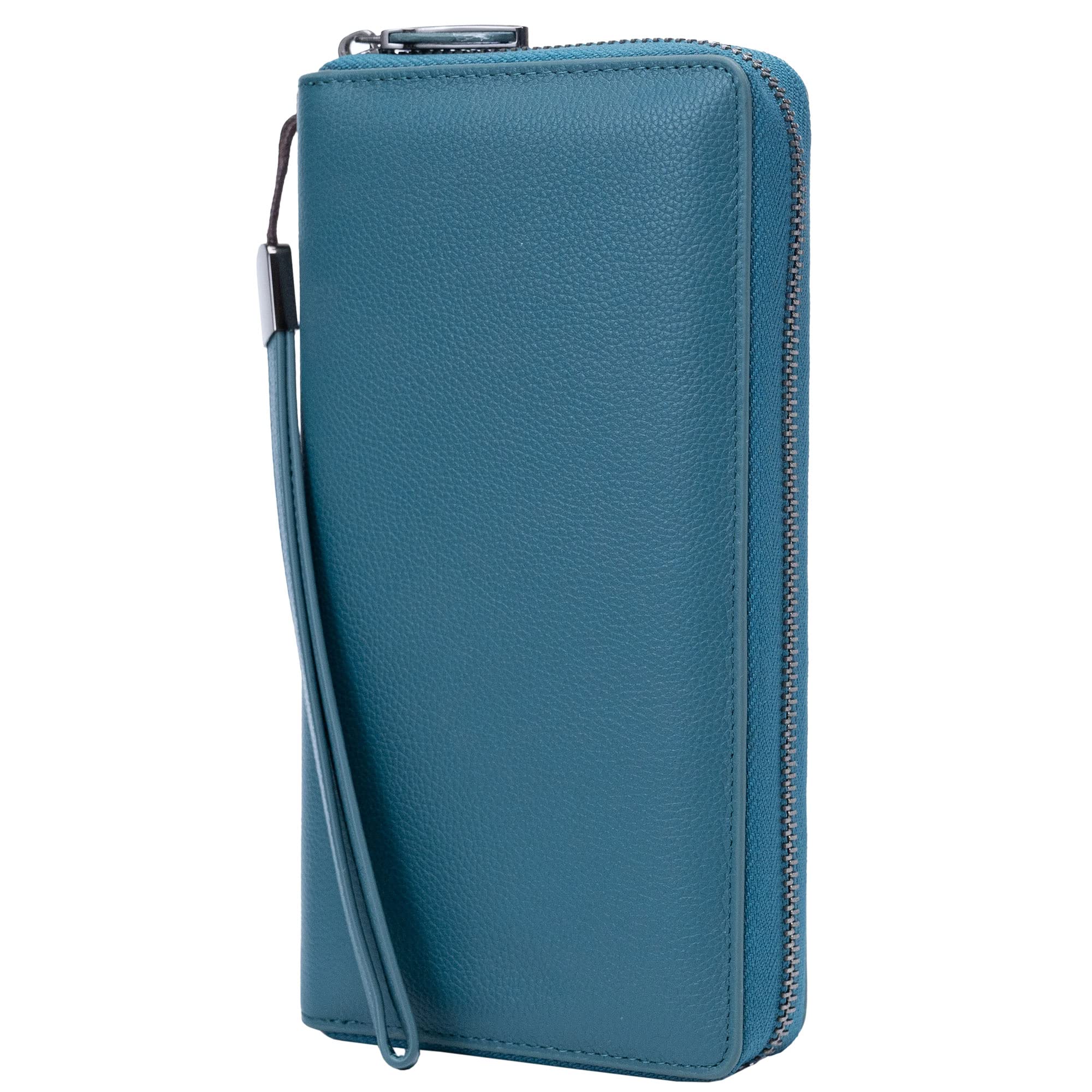 Rfid Blocking Purses for Women Real Leather Zip Around Large Travel Mobile Phone Ladies Long Money Purses Wallet, 17 Card Slots (Lake Blue)