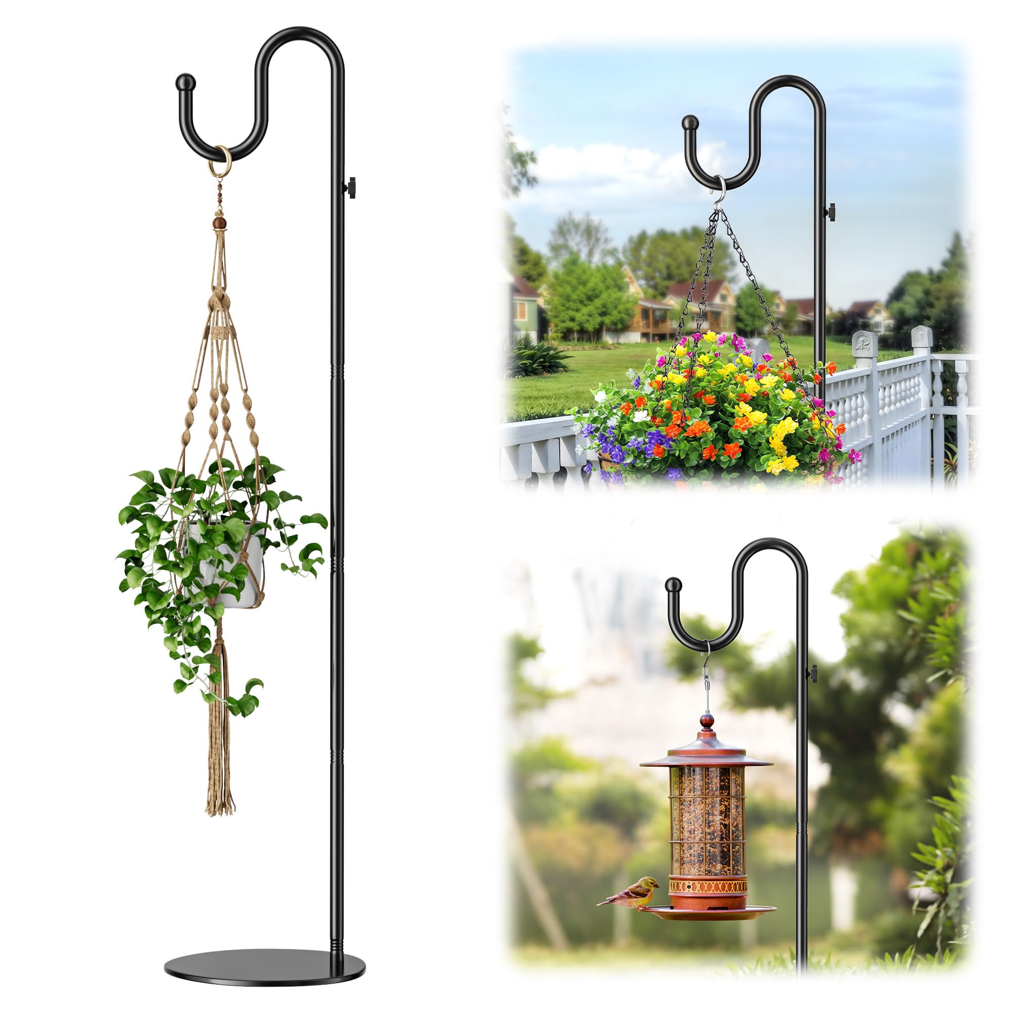 Photo 1 of saffruff 74" Shepherds Hook Stand: Hanging Wind Chimes, Bird Feeders, Plants, Lanterns and Wreath, Adjustable Free Standing Pole Holder with Heavy Duty Base for Indoor & Outdoor, Holds Up to 20 LBS