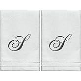 Monogrammed Towels Fingertip, Personalized Gift, 11 x 18 Inches - Set of 2- Black Embroidered Towel - Extra Absorbent 100% Cotton- Soft Velour Finish - For Bathroom/ Kitchen/ Spa- Initial S (White)