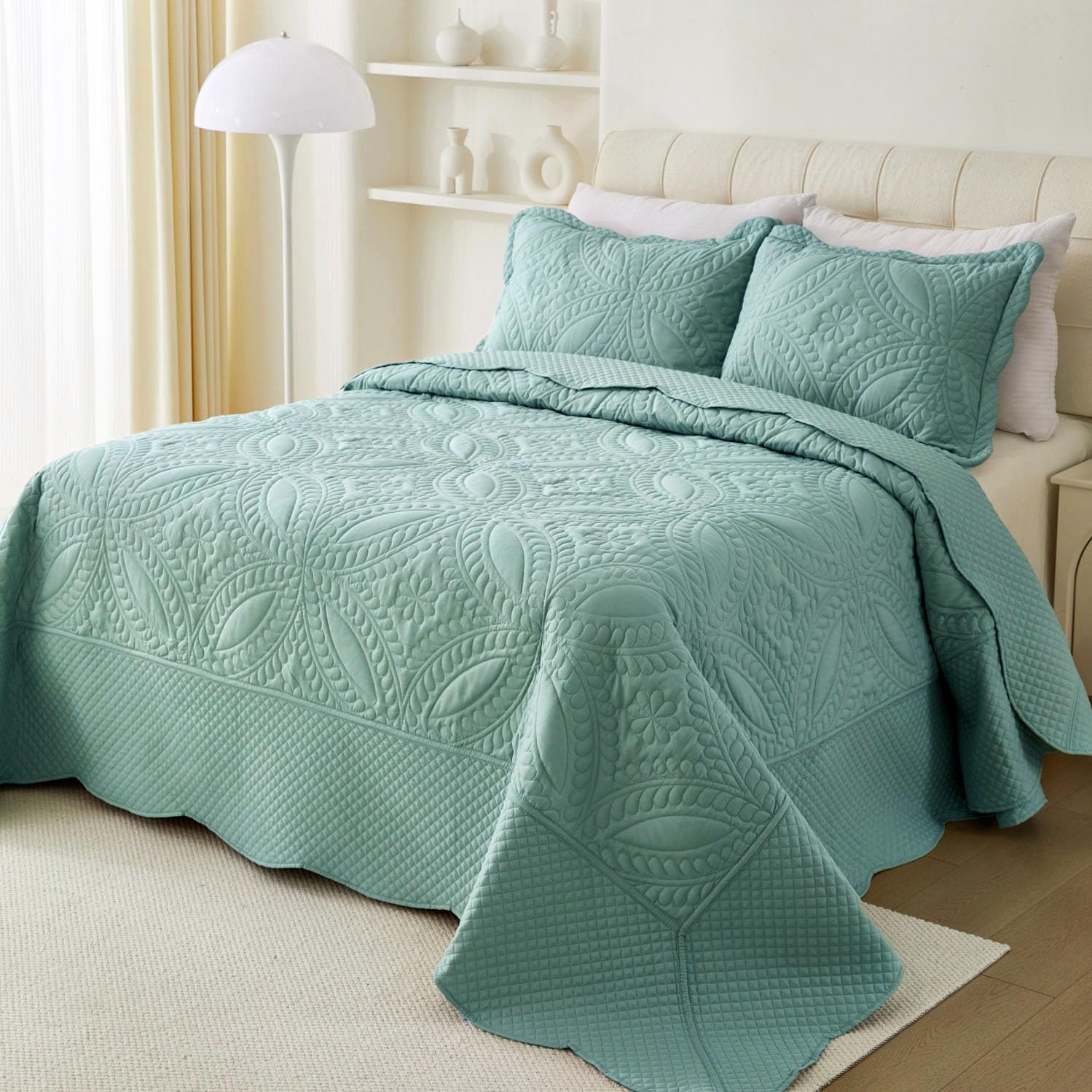 Photo 1 of Cmfshape Oversize King Bedspread 120"x120",3 Piece California King Quilt,Lightweight Blue Quilt Set for All Season,Modern Coin Pattern Bedding Set(1 Quilt,2 Pillowshams)