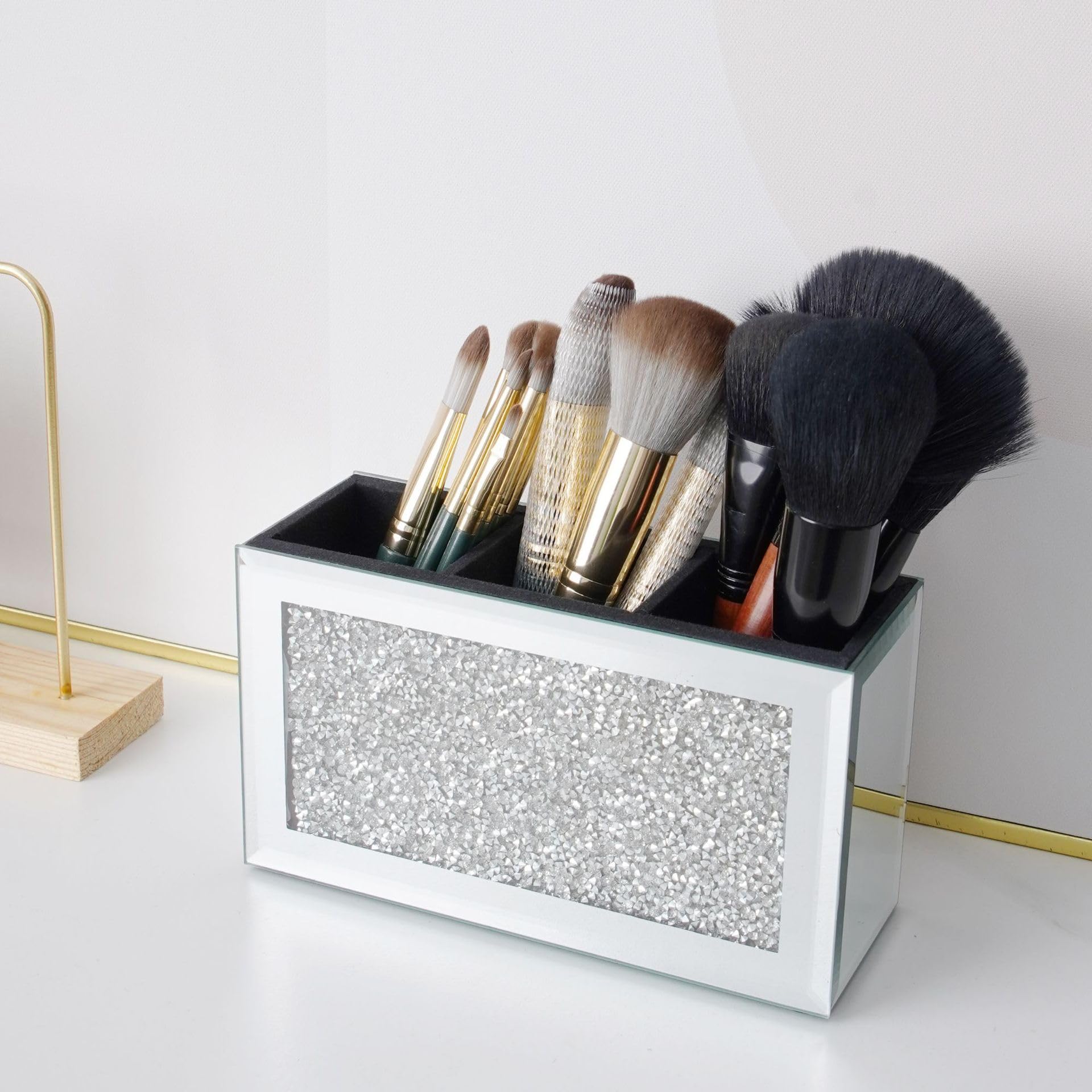 DEENZ Sparkly Diamond Crush Crystal Effect Silver-Black Mirror Makeup Brush Holder Dressing